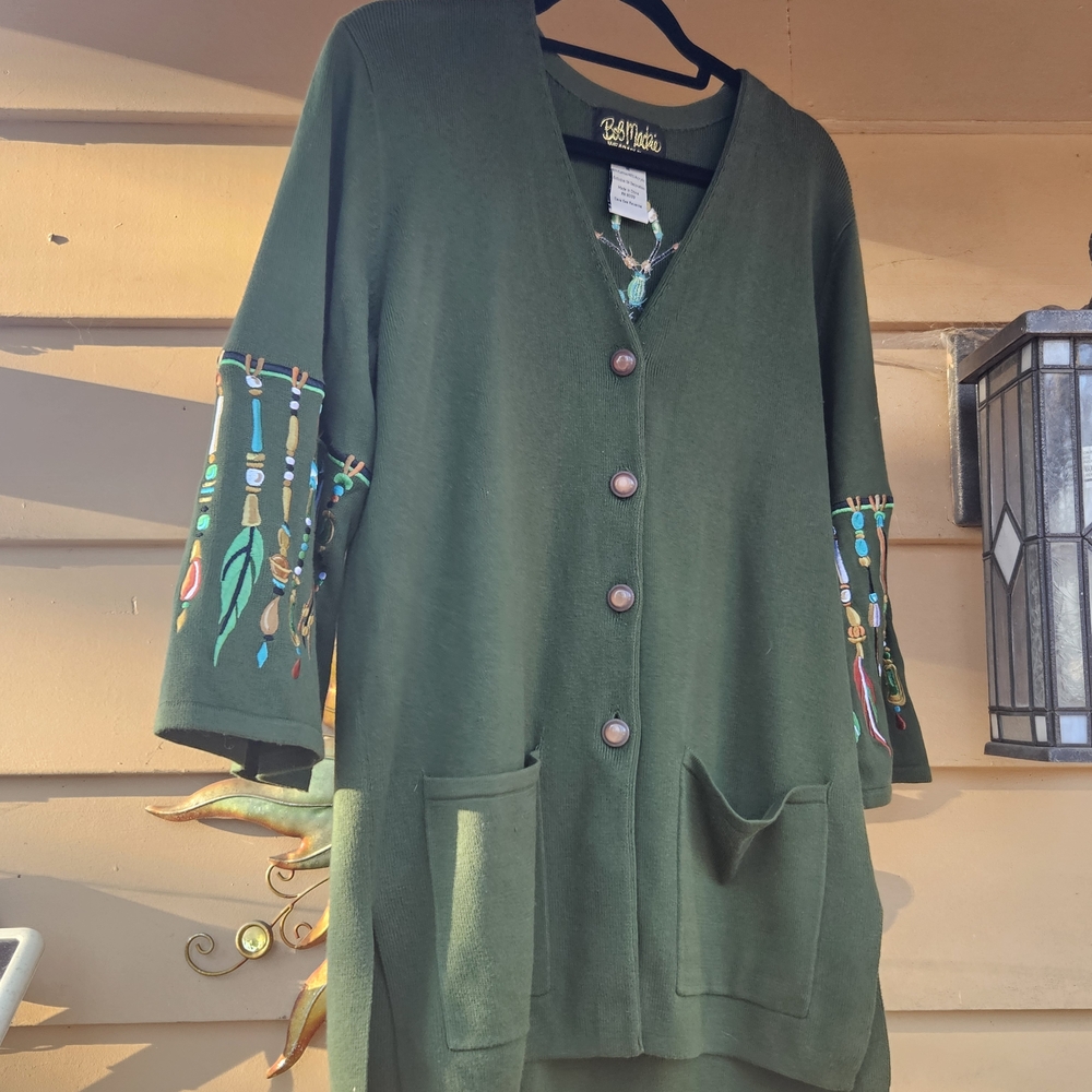 Green Button-Up Cardigan with Embroidered Sleeves